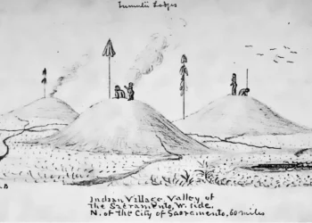 Pencil Drawing of California Native Village 60 miles north of Sacramento in 1850