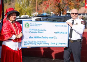 Senator Marie Alvarado-Gil, left, with Fire Chief Tim Cordero